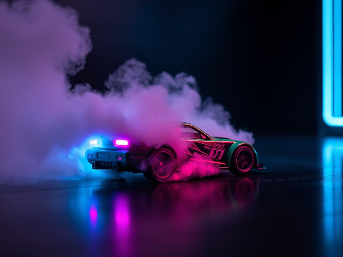Slideyboys RC car mid-drift with vapor smoke